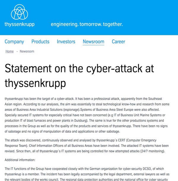 "Professional" hackers steal industrial secrets from ThyssenKrupp