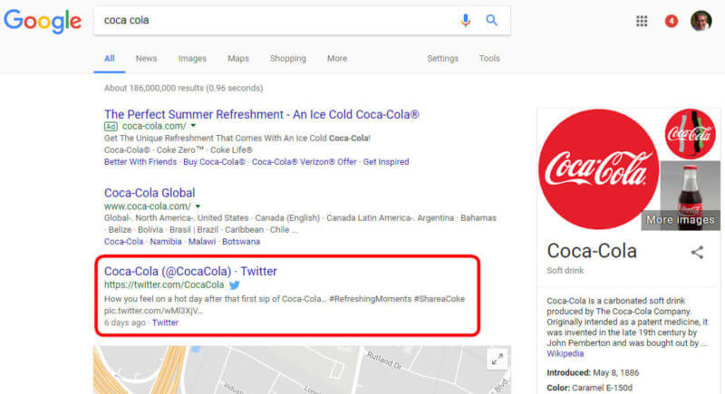 Coca-Cola's Twitter account in Google search results