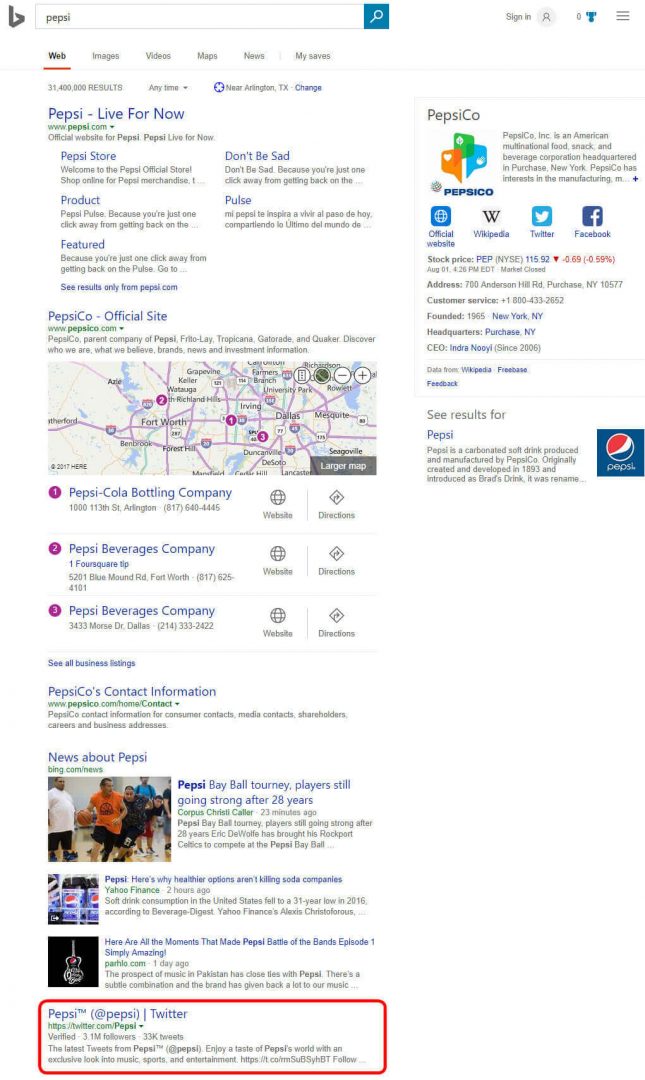Pepsi's Twitter account in Bing's search results