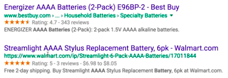Energizer SERP rivals using featured snippet: rating