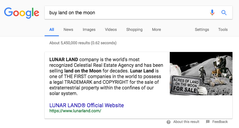 Featured Snippet Buy land on the moon