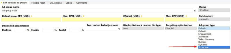 Shopping Showcase Ads support in Google Adwords Editor