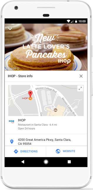 Location extension on YouTube with IHOP's address and contact information