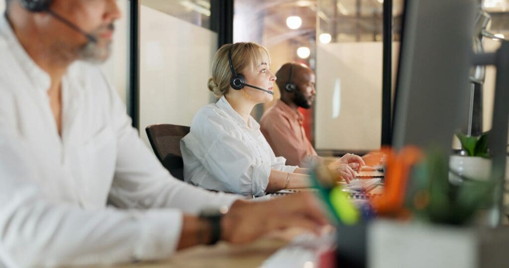 Call center, telemarketing and woman on computer for customer service, consultant and business crm