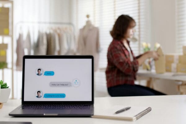 Chatbot conversation on laptop screen app interface with artificial intelligence technology