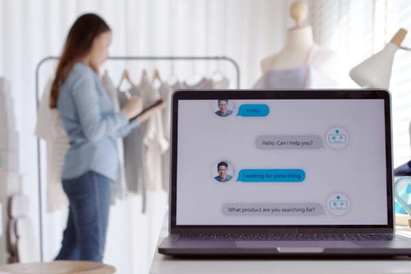 Chatbot conversation on laptop screen app interface with artificial intelligence technology